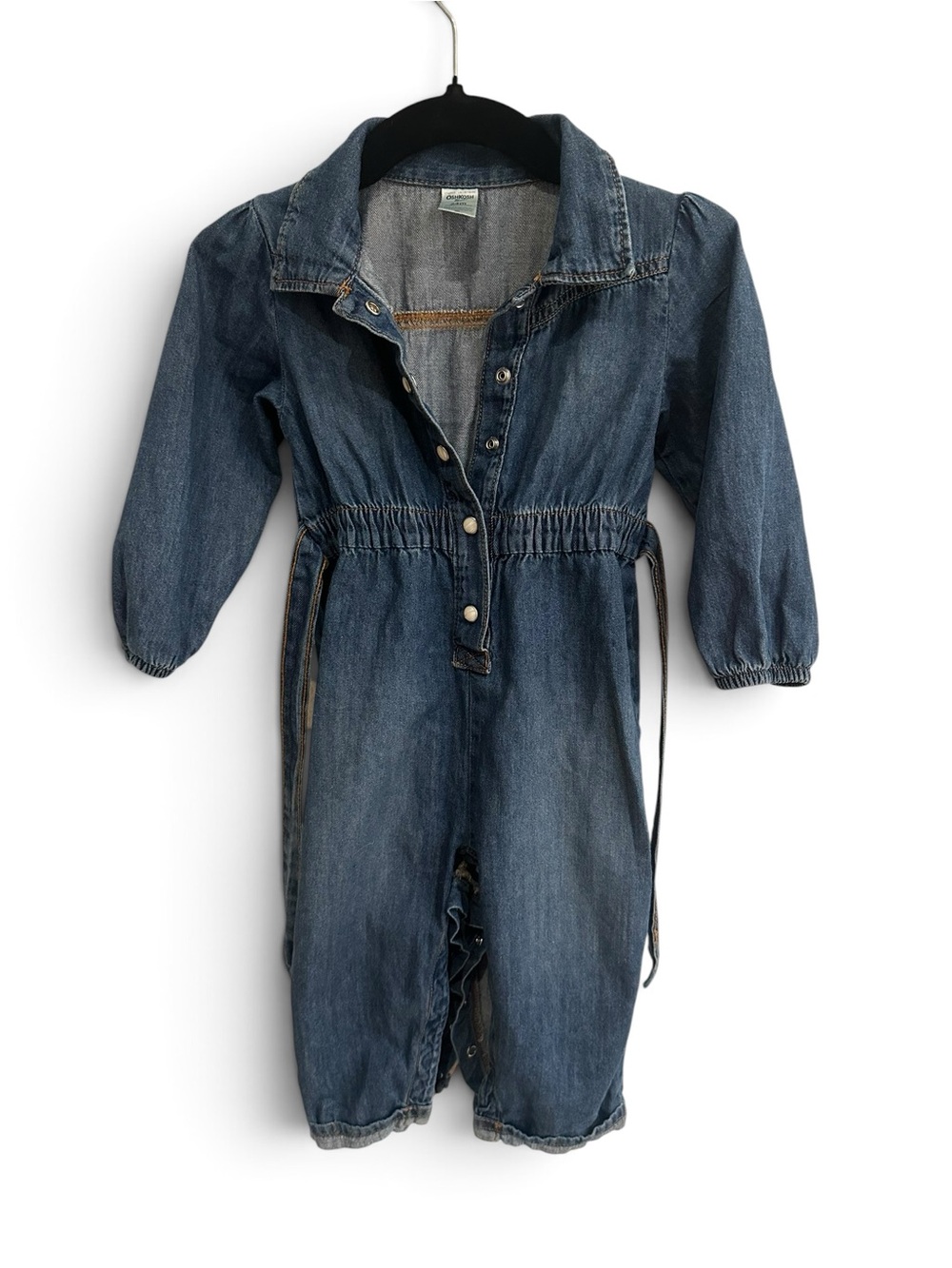 OshKosh B’gosh Girls 24M Denim Jumpsuit Coveralls Belted Snap Front Romper